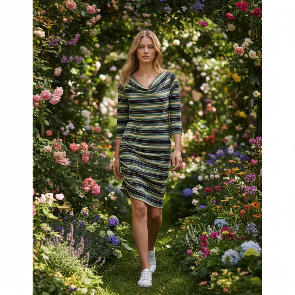 Patagonia Womens Large Striped Cowl Neck Tunic Dress Blue Teal Organic Cotton